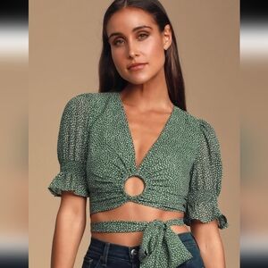 J.O.A. Ariel Green Polka Dot Cropped Wrap Top